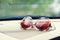 Elegant fashionable plastic women`s sunglasses on interior car d