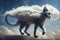 elegant feline extraterrestrial creature walking in air among clouds