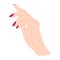 Elegant female hand with red manicure. Beautiful arm of a white woman. Palm down perspective. Point finger. Non-verbal