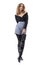 Elegant feminine beauty fashion woman in black knee high boots, shorts and patterned tights.