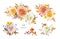 Elegant, floral bouquet. Fall watercolor flowers. Peach, yellow, white roses, cream dahlia, red berry, autumn leaves. Editable,