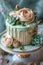 Elegant Floral-Themed Cake with Succulent Decorations on a Pastel Backdrop
