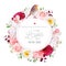 Elegant floral vector round card with white and burgundy red peony, rose, orchid, carnation flowers, mixed leaves