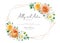 Elegant, floral wedding invite, save the date card. Delicate peach orange, white yellow garden rose flowers, green eucalyptus