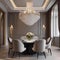 An elegant formal dining room with a grand chandelier and plush upholstered chairs1