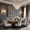 An elegant formal dining room with a large table and upholstered chairs2
