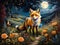 An elegant fox with bright eyes and bushes tail in a whimsical valley at a moonlit night, wildflower, painting, animal