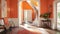 Elegant foyer with orange walls, white staircase, and floral decor