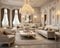 An Elegant French Living Room: A White Baroque Chandelier, Beige Throne, and Large Glass Windows in a Spacious Apartment