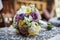 Elegant fresh rose wedding bouquet on a table closeup