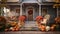 an elegant front porch with potted mums, seasonal gourds, and a wreath, beautifully decorated to celebrate the arrival