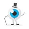 Elegant funny eyeball character standing with gentlemans bowler hat and cane