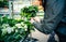 Elegant German woman buying diverse flowers