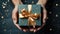 Elegant gift box with golden ribbon in woman\\\'s hands, adorned with stars on dark background, for holidays, special occasions