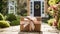 Elegant gift shop delivery, postal service and luxury online shopping, parcel box with a bow on a house doorstep in the