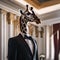 An elegant giraffe dressed in a tuxedo and bowtie, towering over everyone at the gala2