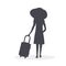 Elegant girl with a suitcase goes on a journey to adventure. She wears a beautiful dress, high heels shoes and a big straw hat. A