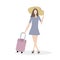 Elegant girl with a suitcase going to travel, to meet adventure. In a beautiful dress, high heels shoes and a large straw hat. fla