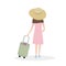 Elegant girl with a suitcase going to travel, to meet adventure. In a beautiful dress, high heels shoes and a large straw hat. fla