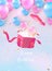 Elegant girlish pink blue ballon pop out from a present gift box Happy Birthday celebration card banner template background