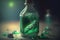 Elegant glass jar with green liquid close-up. Illustration for advertising perfumes, natural cosmetics, herbal medicines