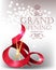 Elegant grand opening card with textured curled red ribbon and scissors.