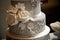Elegant gray and white wedding cake. Close up, crop image shot