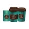 Elegant green cups of coffee and packing bag products