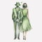 Elegant Green Outfit Couple: Fashion Illustration With Translucent Watercolors