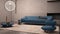 Elegant grunge living room with plaster walls and floor, fireplace. Blue sofa with pillows, carpet, fluffy armchair, side tables,