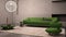 Elegant grunge living room with plaster walls and floor, fireplace. Green sofa with pillows, carpet, fluffy armchair, side tables