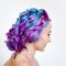 Elegant hairstyle of curls on long colored hair, styling. Bright color coloring, concept.