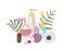 Elegant hand drawn decorative composition with perfume, toilet water, fragrant essential oil in glass bottles and