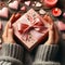 Elegant Hands Presenting a Heart-Adorned Gift Box With Pink Bow on Valentines Day