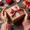 Elegant Hands Presenting a Heart-Adorned Gift Box With Pink Bow on Valentines Day