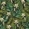 Elegant Hawaiian seamless pattern with exotic palm tree leaves and flowers on black background. Natural backdrop with