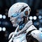 Elegant Humanoid Robot with Blue Optical Sensors and Dynamic White Chassis. AI generation