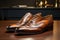 An elegant image showcasing the restoration of a vintage leather shoe, bringing it back to its former glory. Generative AI