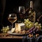 Elegant image of wine, cheese, fruit and nuts.