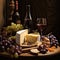 Elegant image of wine, cheese, fruit and nuts.