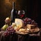 Elegant image of wine, cheese, fruit and nuts.