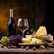 Elegant image of wine, cheese, fruit and nuts.