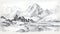 Elegant Inking Of Frozen Lake And Snowy Mountains: Cabincore Artwork