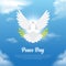 Elegant International Day of Peace background with flying dove, realistic cloud and leaf stalk .