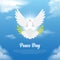 Elegant International Day of Peace background with flying dove, realistic cloud and leaf stalk . Peace Day