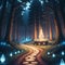 An elegant and intricated scene of a fantasy magical forest with glowing lights, smooth curves, stone footpath, printable, nature