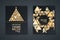 Elegant invitation card for New Year`s party. Pattern mosaic made of golden shining triangles on a black background. Christmas tr