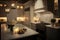 elegant kitchen, with marble countertops and stainless steel appliances, lit by candlelight