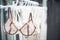 Elegant lacy lingerie on hanger in backlight