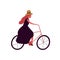 Elegant lady in hat and dress ride on bicycle vector flat illustration. Feminine cartoon character cyclist isolated on